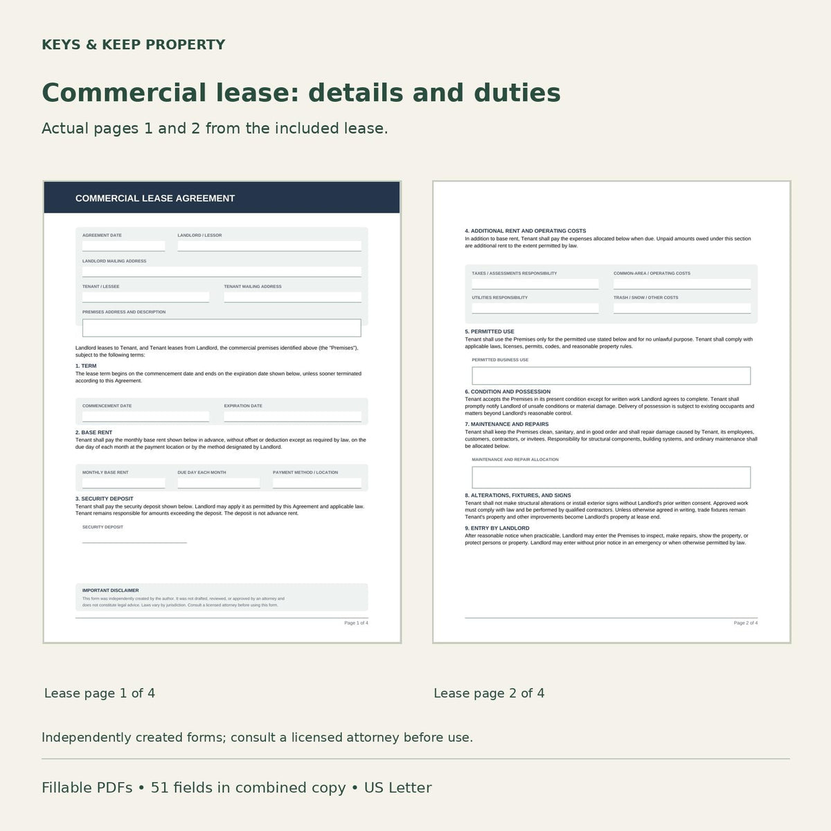 Commercial Lease Agreement + Personal Guaranty Bundle (Fillable PDF)