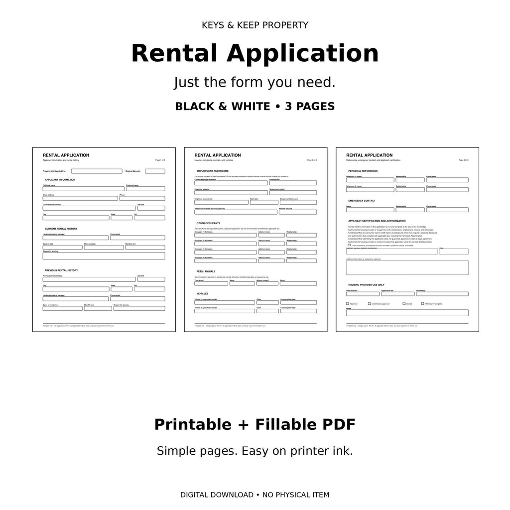 Three black-and-white rental application page previews beneath a Printable and Fillable PDF format heading.