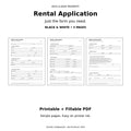 Three black-and-white rental application page previews beneath a Printable and Fillable PDF format heading.