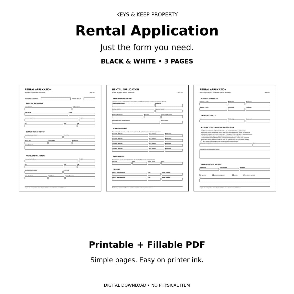 Rental Application Form | Black and White Printable & Fillable PDF | Simple 3-Page Landlord Template