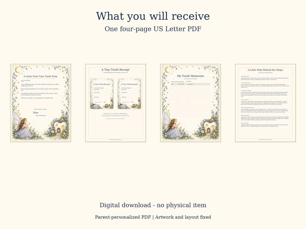 Tooth Fairy Letter and Receipt Printable | Editable PDF + Lost Tooth Tracker | Floral Moonlight