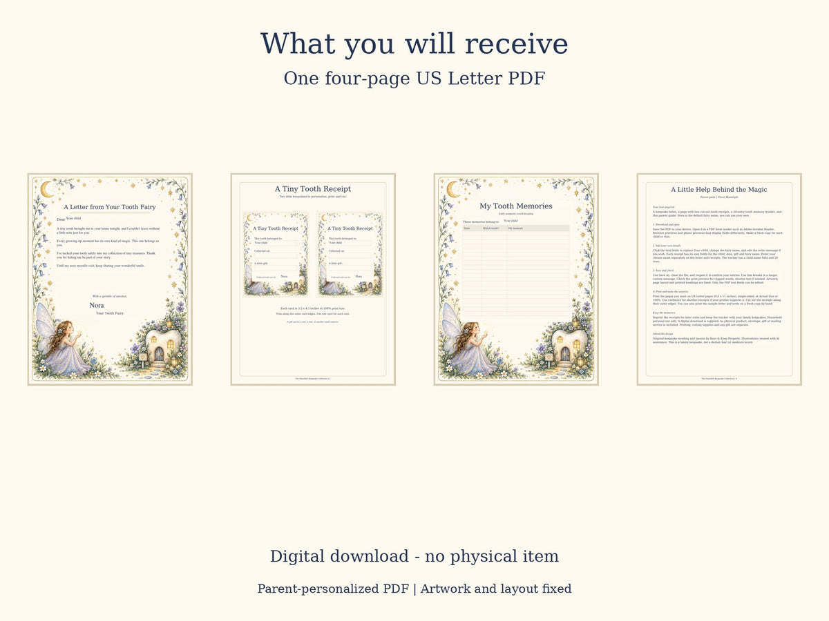 Tooth Fairy Letter and Receipt Printable | Editable PDF + Lost Tooth Tracker | Floral Moonlight