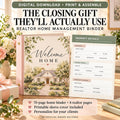 Realtor closing-gift home binder with floral Welcome Home house cover beside a Property Details worksheet.
