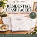 Residential Lease Packet graphic with lease, addendum, and move-in checklist stacks beside keys and a gold pen.