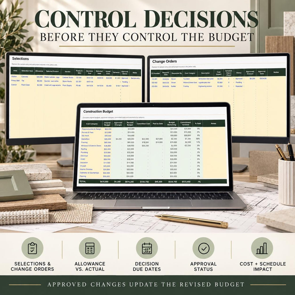 Home Builder Budget & Project Tracker | 12-Tab Excel and Google Sheets Construction Spreadsheet