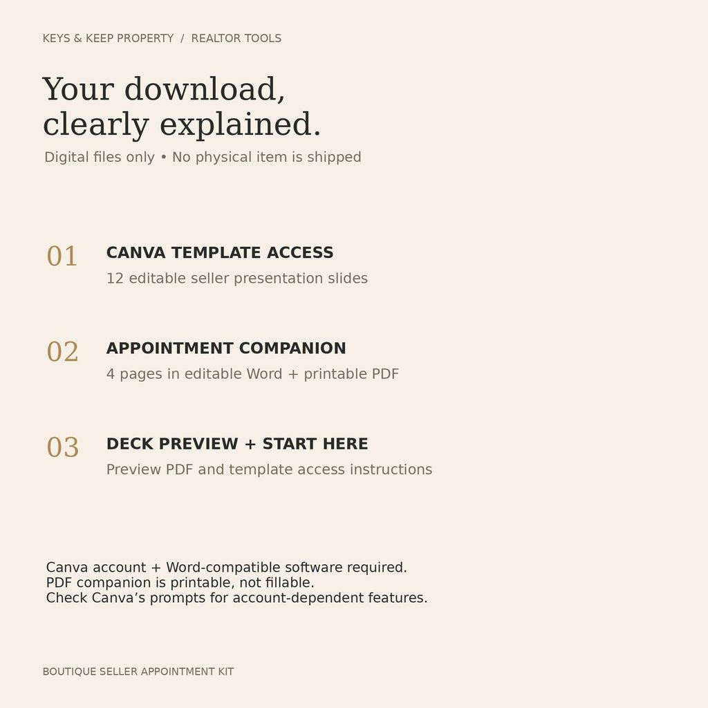 Real Estate Listing Presentation Canva Template, 2 Styles with Seller Forms & Property Sheet