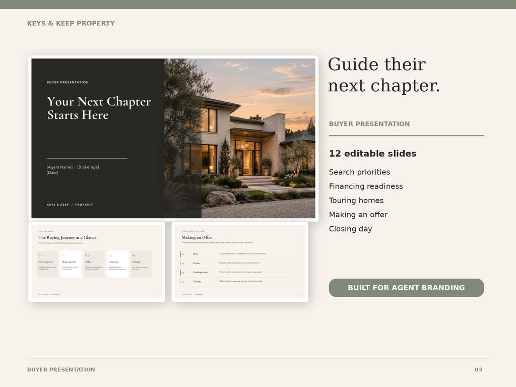 Buyer presentation graphic showing house-photo cover, buying-journey slide, and offer worksheet beside topic highlights.