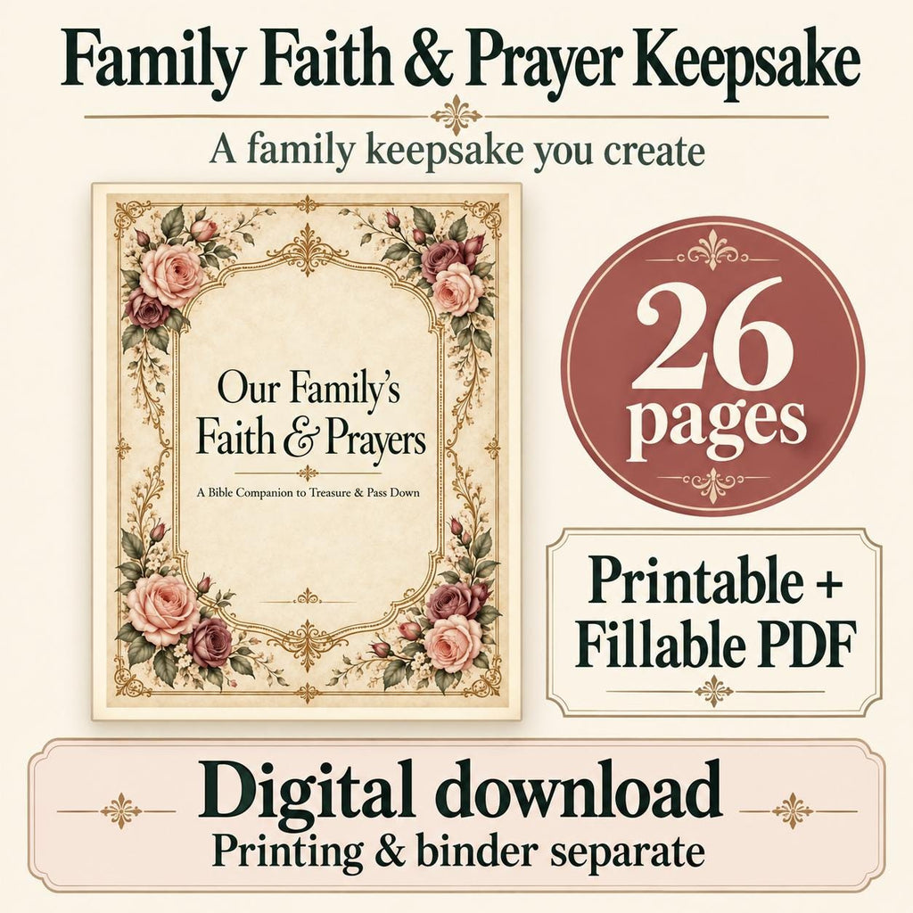 Family Faith and Prayer Keepsake Journal | Victorian Bible Companion | 26-Page Printable and Fillable PDF