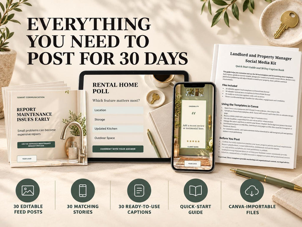 Landlord Social Media Kit | 30 Posts & 30 Stories, Editable PowerPoint for Canva Import
