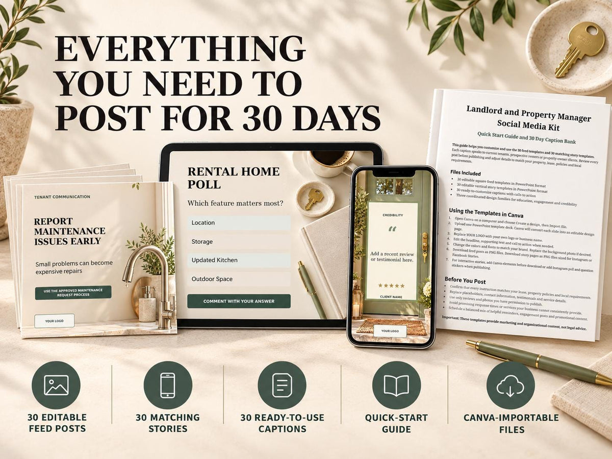 Landlord Social Media Kit | 30 Posts & 30 Stories, Editable PowerPoint for Canva Import