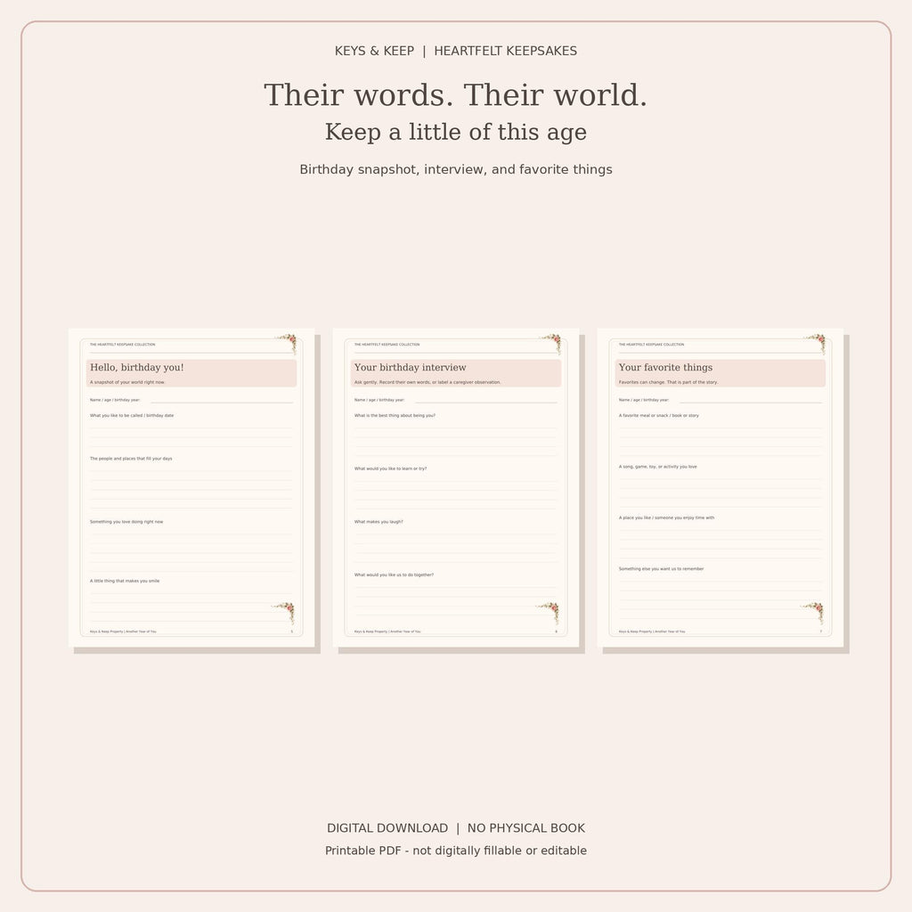Birthday Memory Book Printable | Child Interview, Birthday Questionnaire and Parent Letter | 12-Page PDF