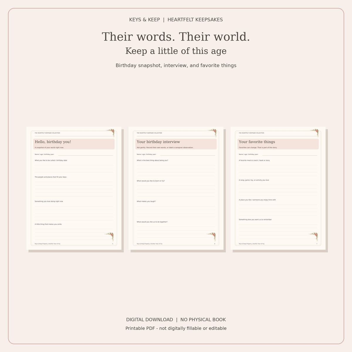 Birthday Memory Book Printable | Child Interview, Birthday Questionnaire and Parent Letter | 12-Page PDF