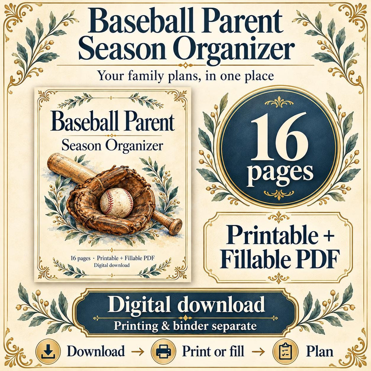 Baseball Parent Season Organizer | Printable and Fillable PDF, Game Schedule, Rides, Food and Jerseys