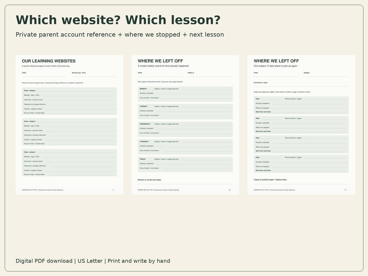 Homeschool Planner Printable | Lessons, Class Schedule & Website Log | 20-Page PDF