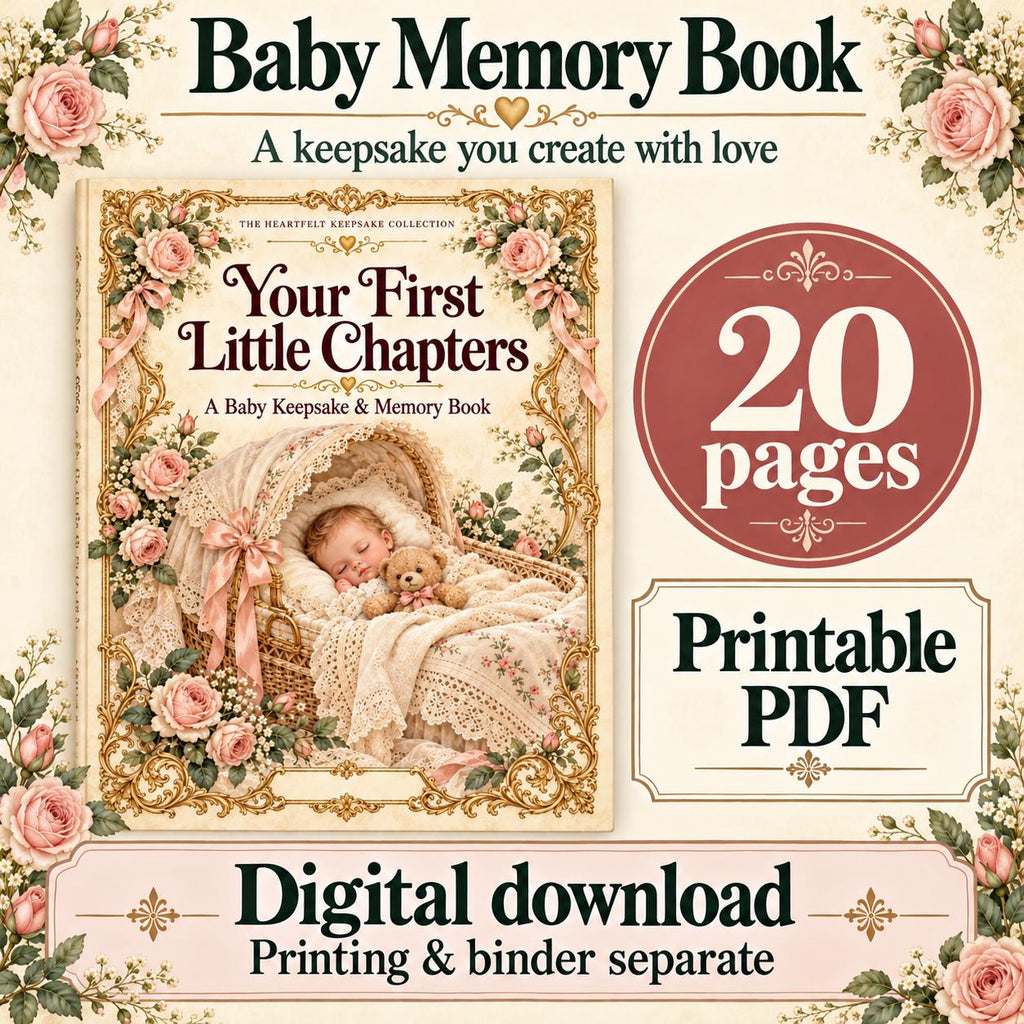 Baby Memory Book Printable, Victorian Floral Cover, 20-Page Keepsake (PDF)