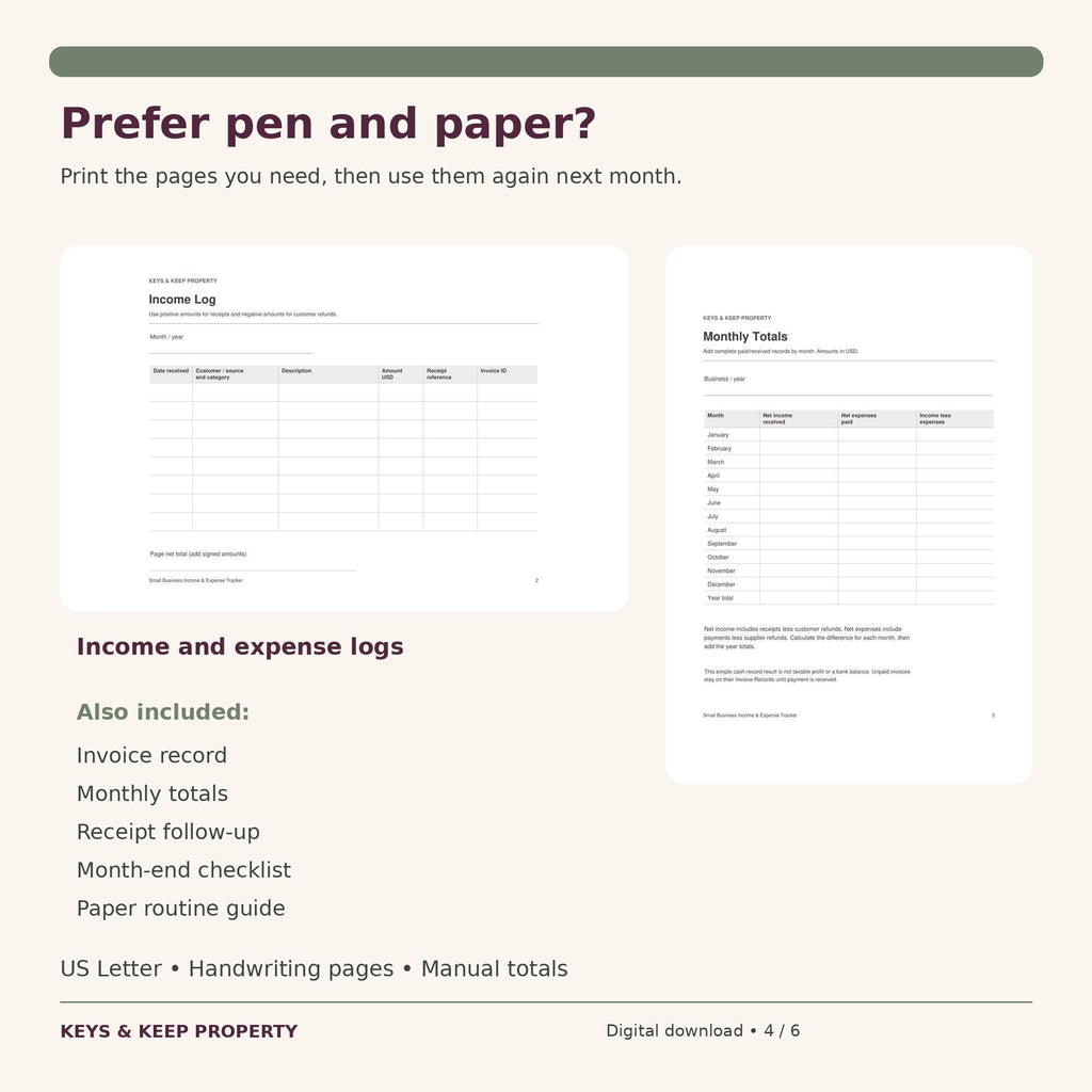 Small Business Expense Tracker and Income Log | Excel & Google Sheets + Printable Bookkeeping Pages | Invoice Tracker