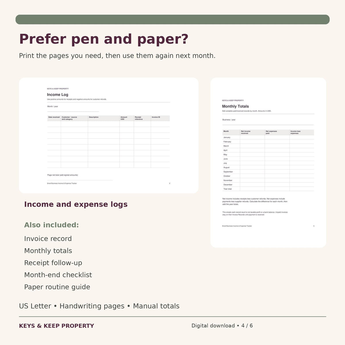 Small Business Expense Tracker and Income Log | Excel & Google Sheets + Printable Bookkeeping Pages | Invoice Tracker