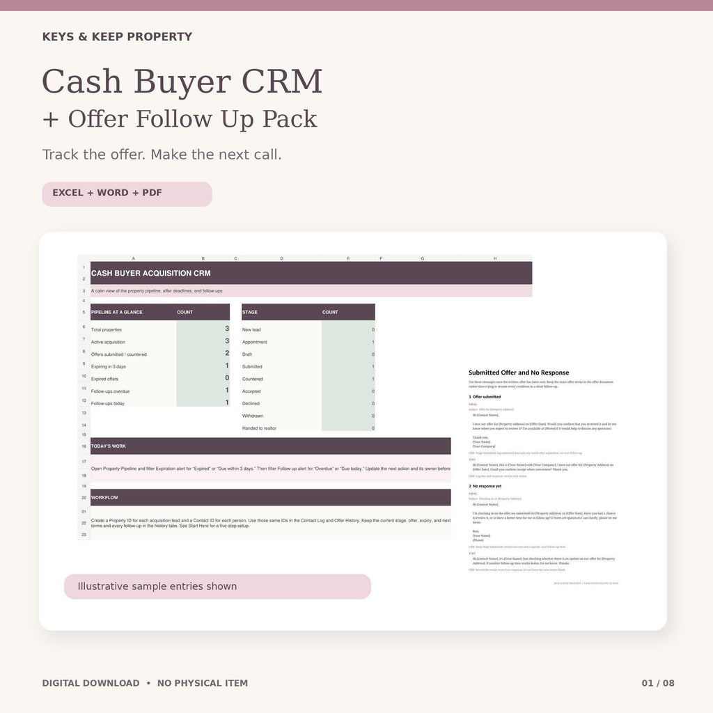 Real Estate Investor CRM | Excel + Google Sheets | Seller Lead and Cash Offer Follow-Up Tracker