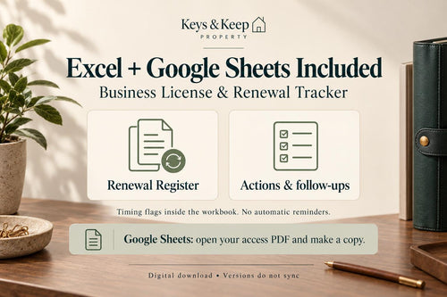Business License & Renewal Tracker | Excel + Google Sheets Permit Organizer + Printable Forms