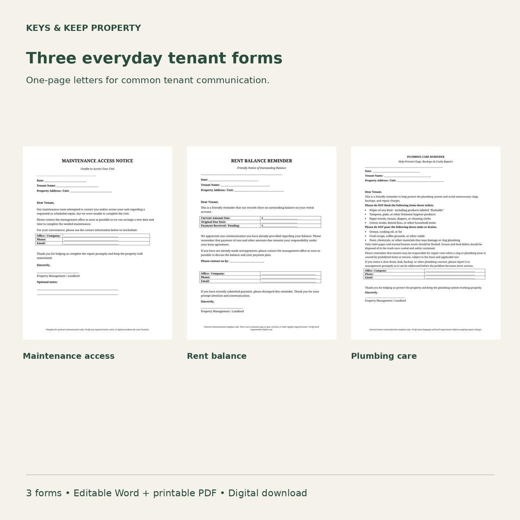 Landlord Notice Bundle | 3 Tenant Communication Forms, Editable Word & Printable PDF
