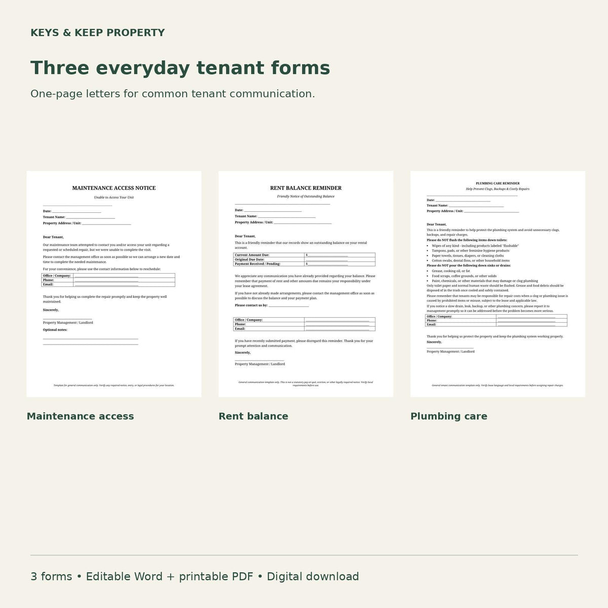 Landlord Notice Bundle | 3 Tenant Communication Forms, Editable Word & Printable PDF