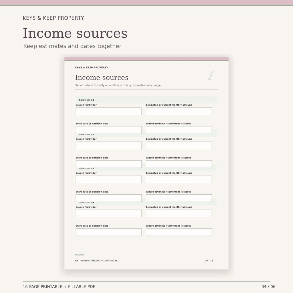 Retirement Records Organizer | 16-Page Fillable & Printable PDF, Accounts and Documents