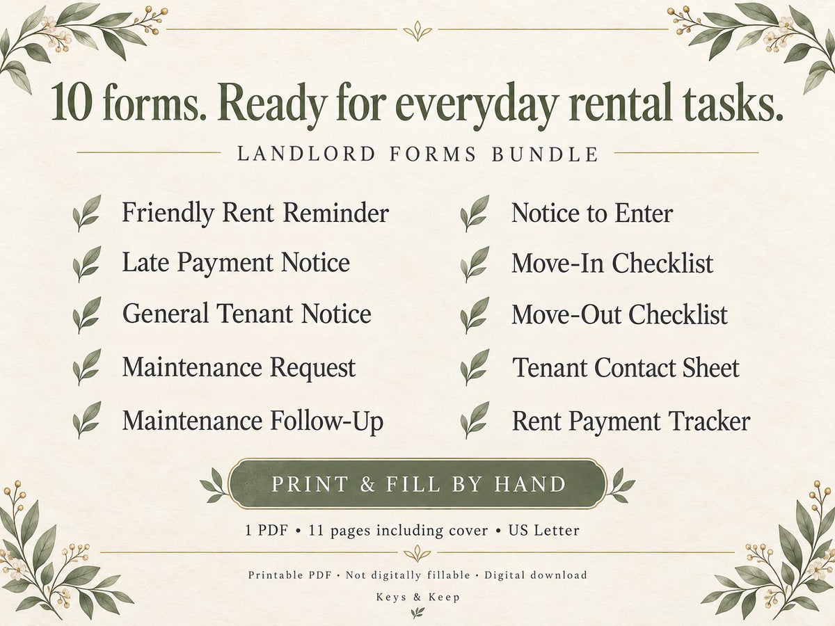 Landlord Forms Bundle | Tenant Notices, Maintenance Requests and Move-In/Out Checklists | 10 Printable PDF Forms