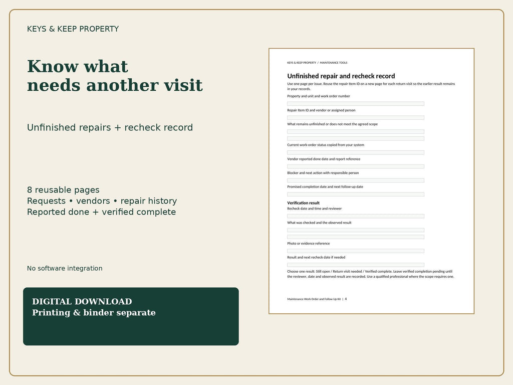 Maintenance Request Form and Work Order Kit | Landlord Repair Log and Follow-Up | Fillable PDF + Editable Word