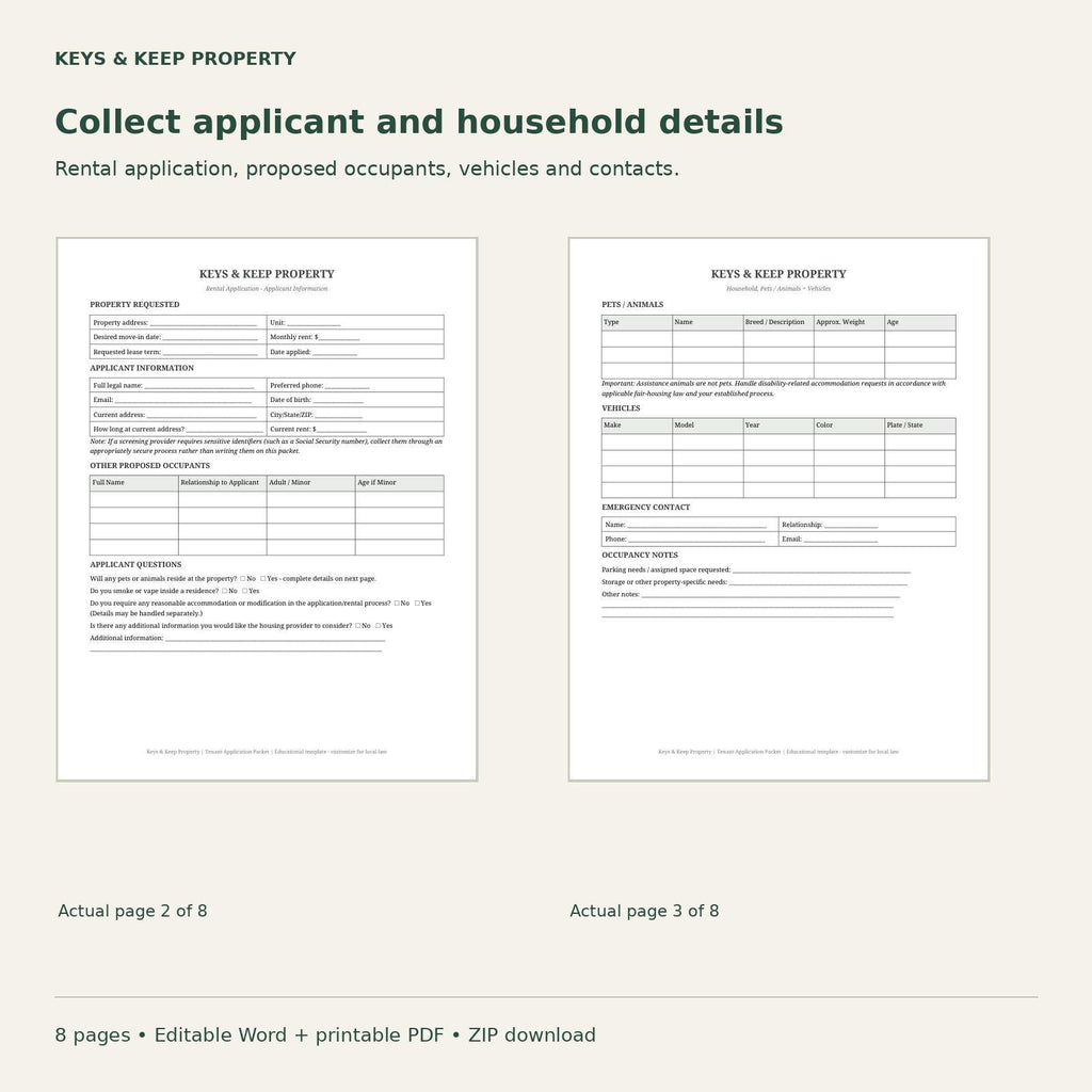Applicant information form beside household, pets, vehicles, and emergency-contact worksheet.