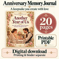 Anniversary Memory Journal graphic with a couple holding hands at a table on a rose-bordered cover and 20-page badge.