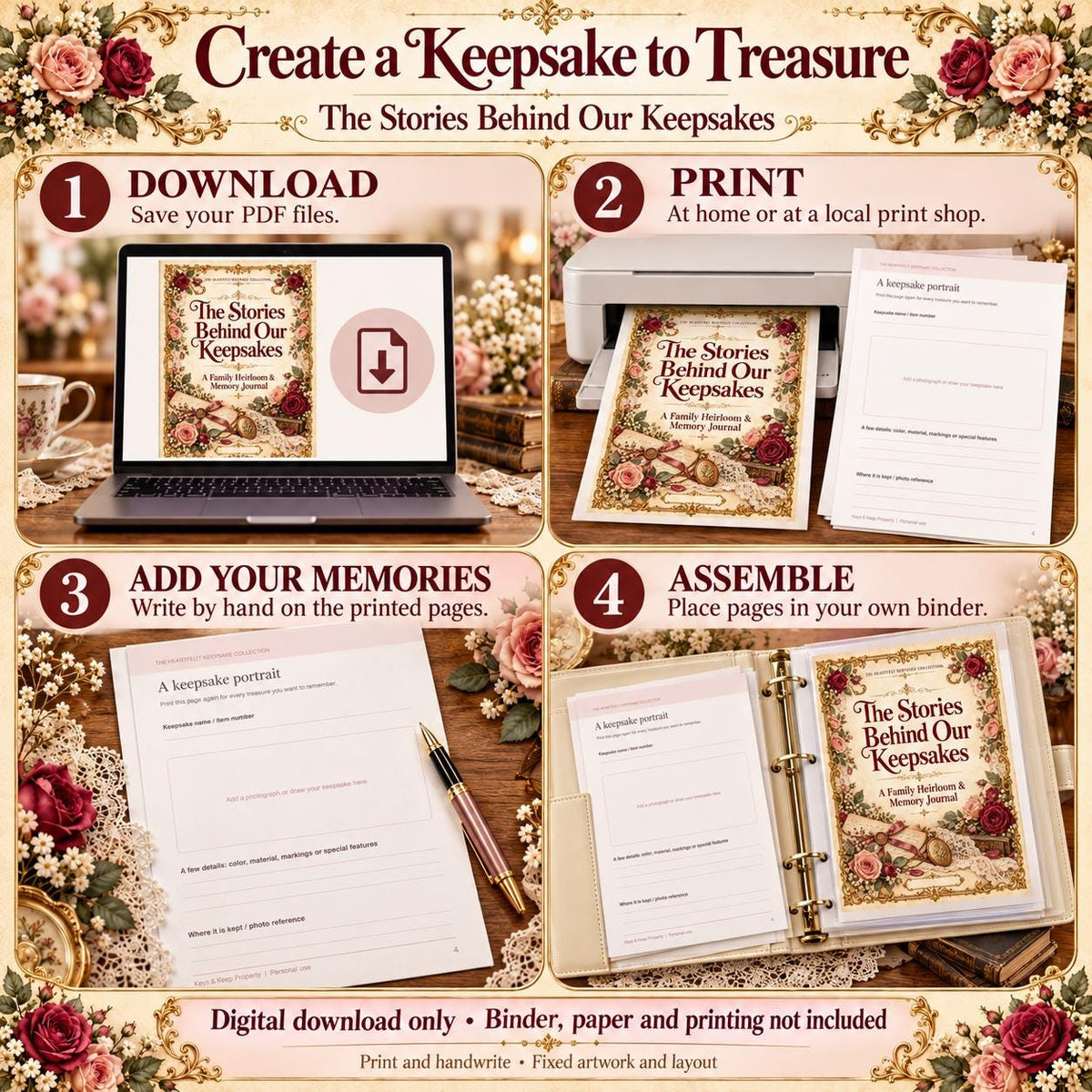 Four-panel heirloom journal guide showing downloading, printing, handwritten memories, and binder assembly.