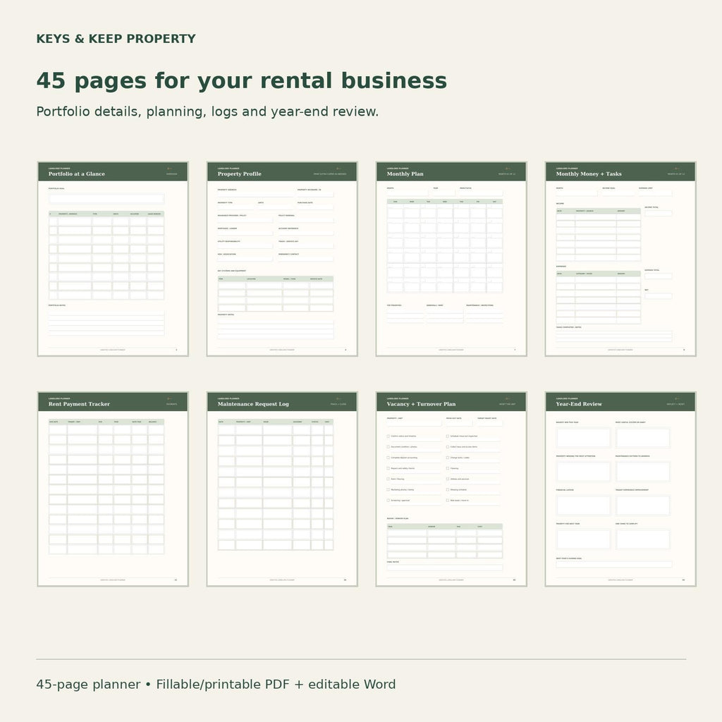 Landlord Planner | Rent, Tenant, Maintenance and Expense Records | 45-Page Fillable + Printable PDF and Editable Word