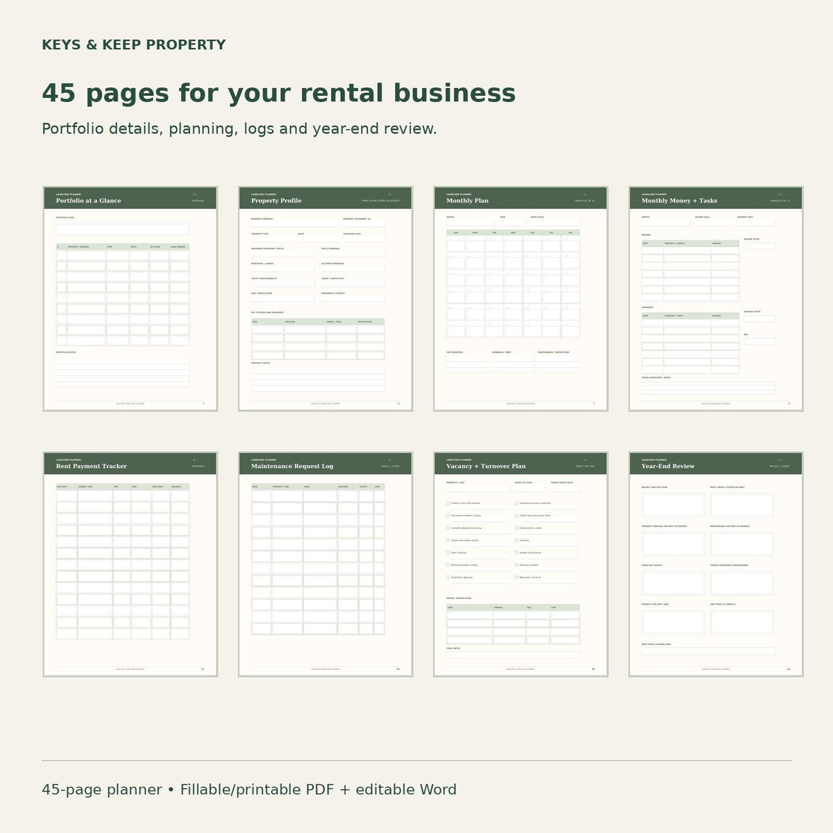 Landlord Planner | Rent, Tenant, Maintenance and Expense Records | 45-Page Fillable + Printable PDF and Editable Word