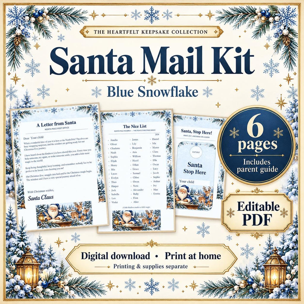 Blue Snowflake Santa Mail Kit graphic with letter, Nice List, and door hanger previews in snowy blue borders.