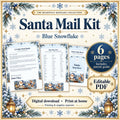 Blue Snowflake Santa Mail Kit graphic with letter, Nice List, and door hanger previews in snowy blue borders.