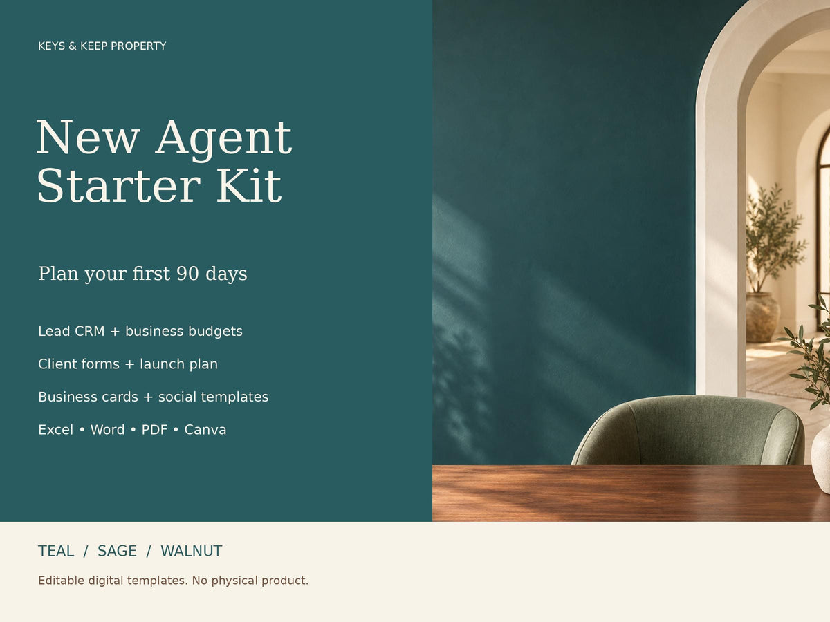 Real Estate Agent Starter Kit | Excel + Google Sheets CRM, Client Forms, Canva Cards & Social Posts | Teal Sage Walnut