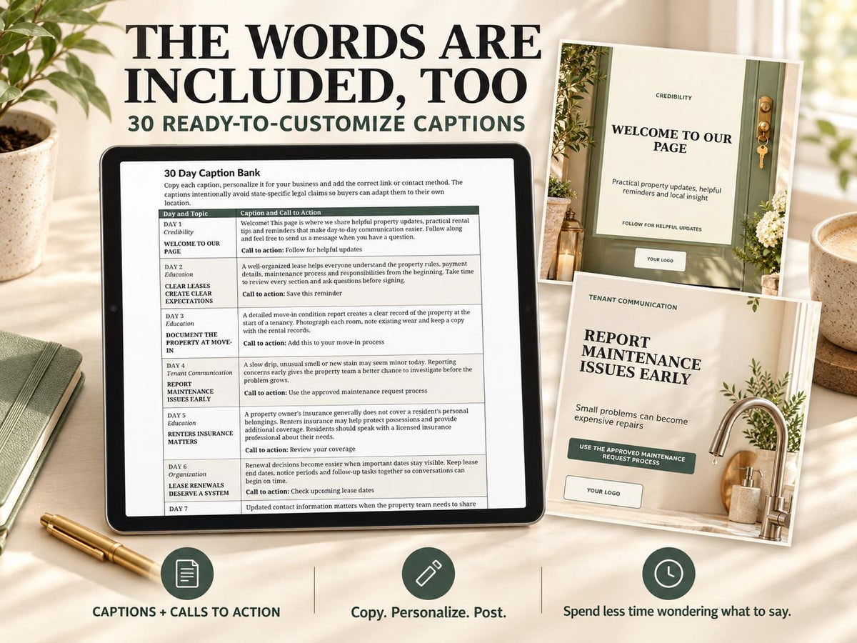 Landlord Social Media Kit | 30 Posts & 30 Stories, Editable PowerPoint for Canva Import