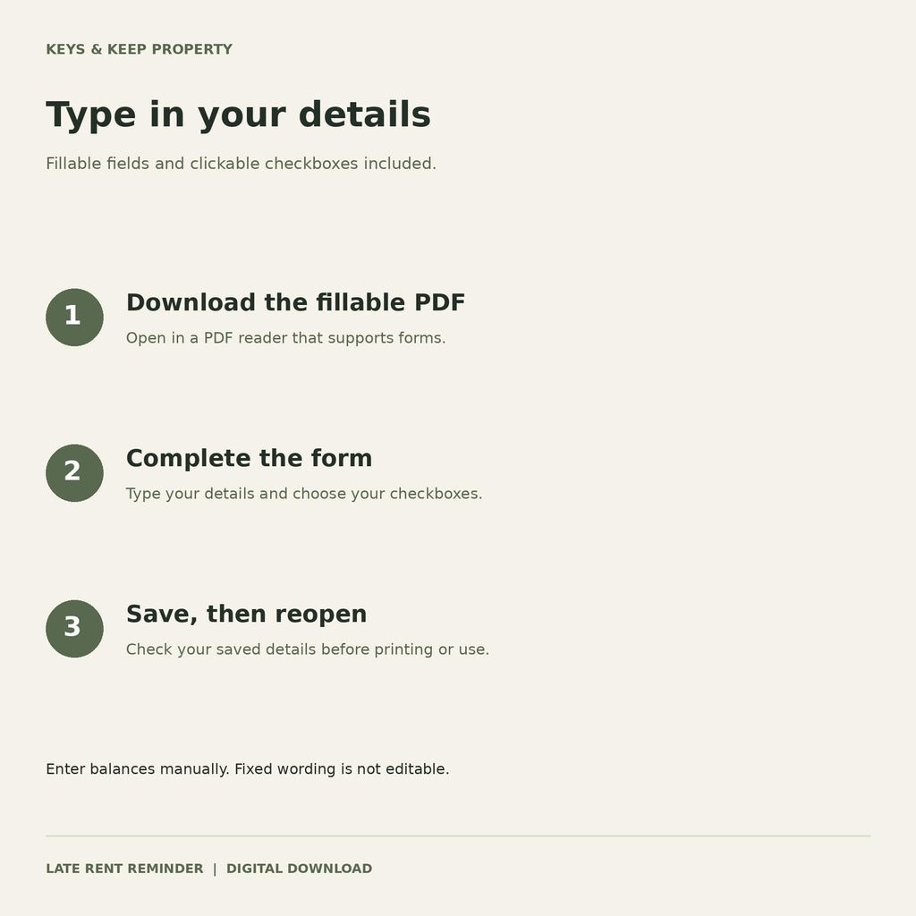 Late Rent Reminder Form | 2-Page Printable & Fillable PDFs, Landlord Balance Notice