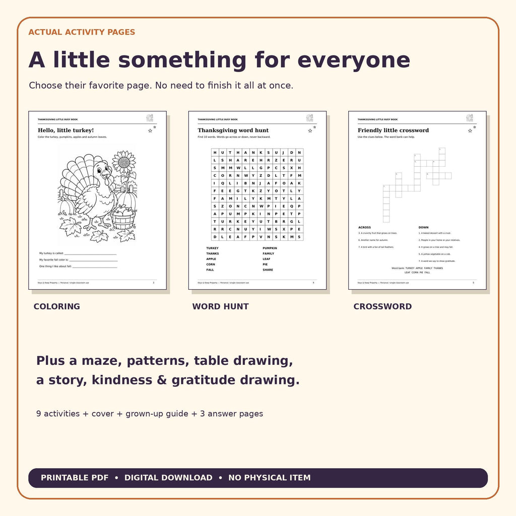 Thanksgiving Activity Book for Kids | Turkey Coloring, Word Search, Crossword, Maze & Gratitude | 14-Page Printable PDF