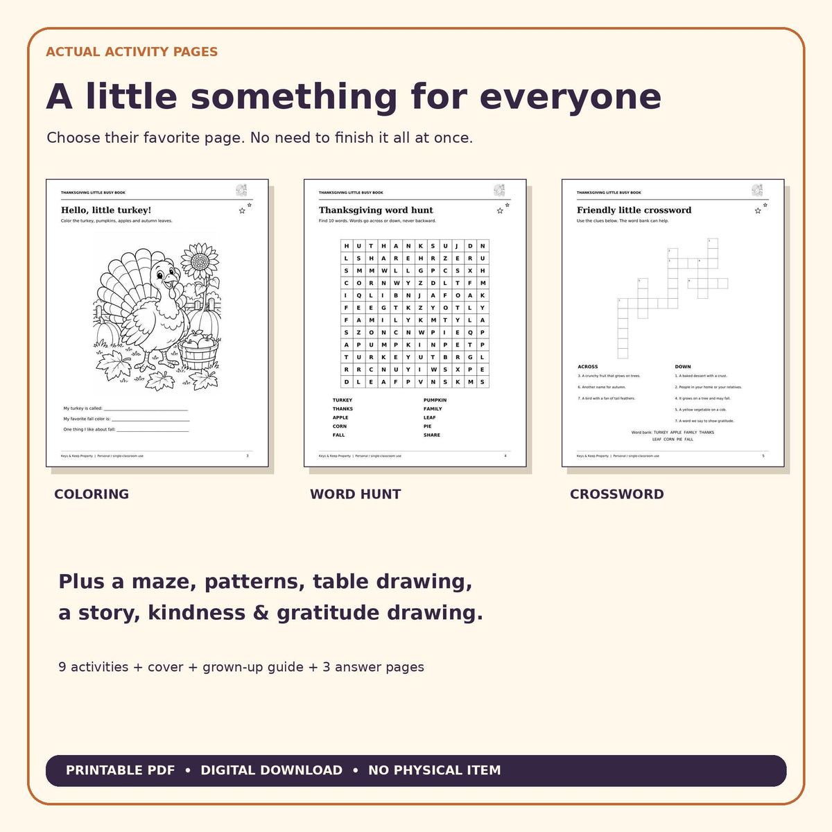 Thanksgiving Activity Book for Kids | Turkey Coloring, Word Search, Crossword, Maze & Gratitude | 14-Page Printable PDF