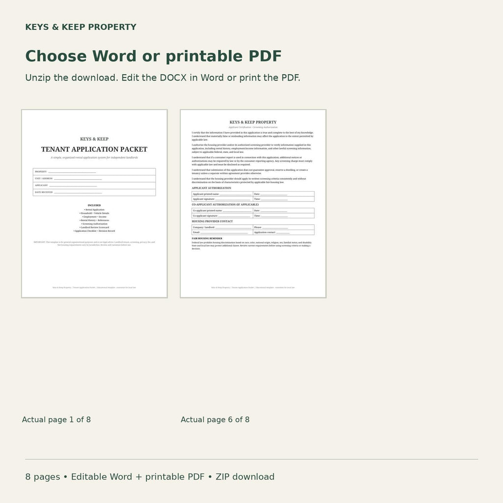 Tenant Application Packet cover beside authorization page beneath Choose Word or printable PDF.