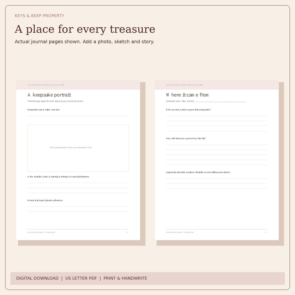 Family heirloom journal pages titled A keepsake portrait and Where it came from, with a photograph space and prompts.