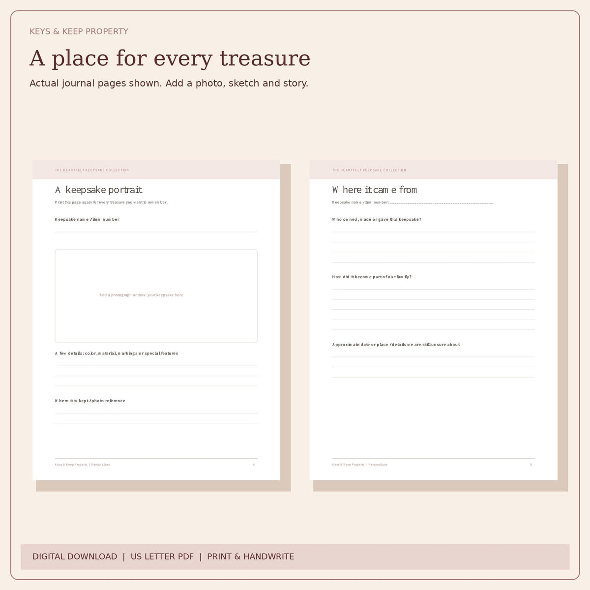 Family Keepsake Journal Printable | Heirloom Stories, Photos and Family Memories | 16-Page PDF
