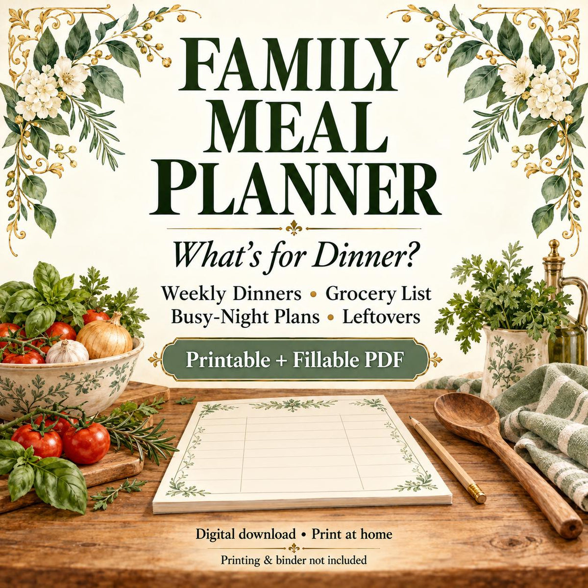 Family Meal Planner | Weekly Dinner Plan, Grocery List and Busy-Night Meals | 6-Page Printable + Fillable PDF
