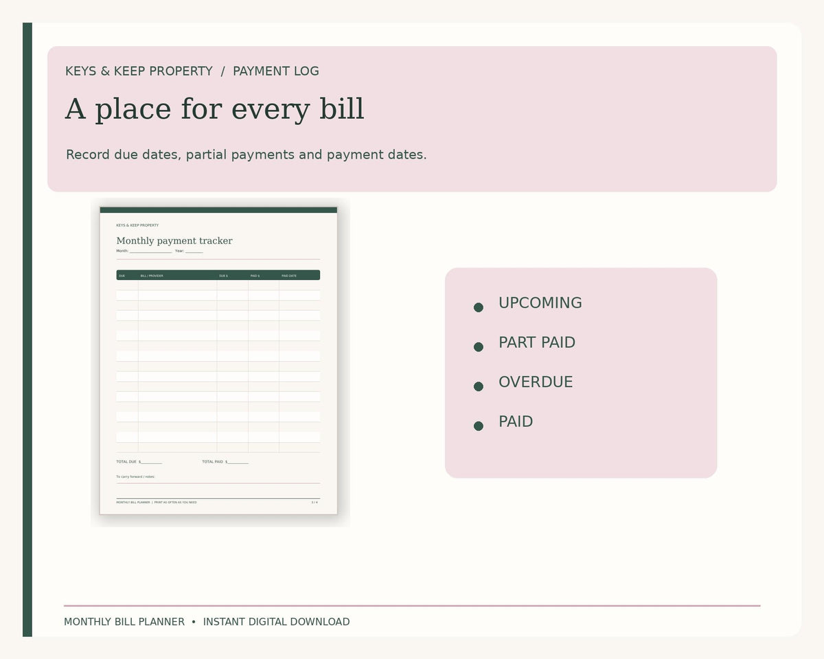 Monthly Payment Tracker printable beside Upcoming, Part Paid, Overdue, and Paid labels on a pink panel.