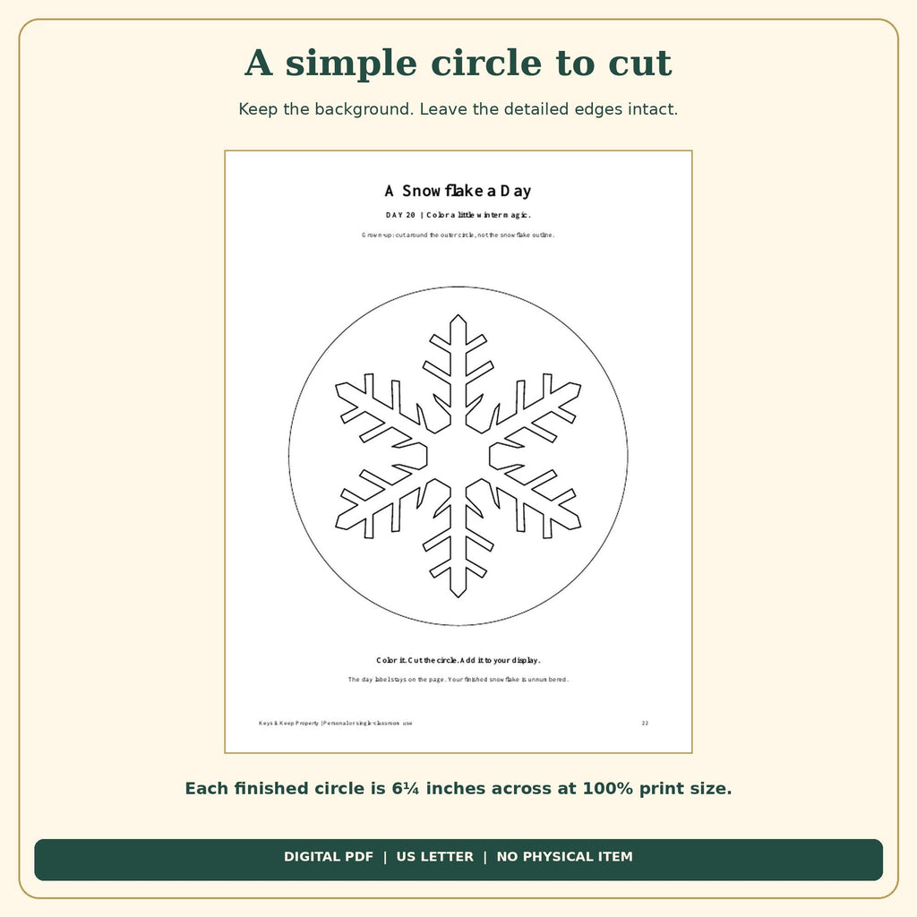 Christmas Snowflake Countdown Printable | 24 Color and Hang Snowflakes, Easy Cut Circles | 26-Page PDF