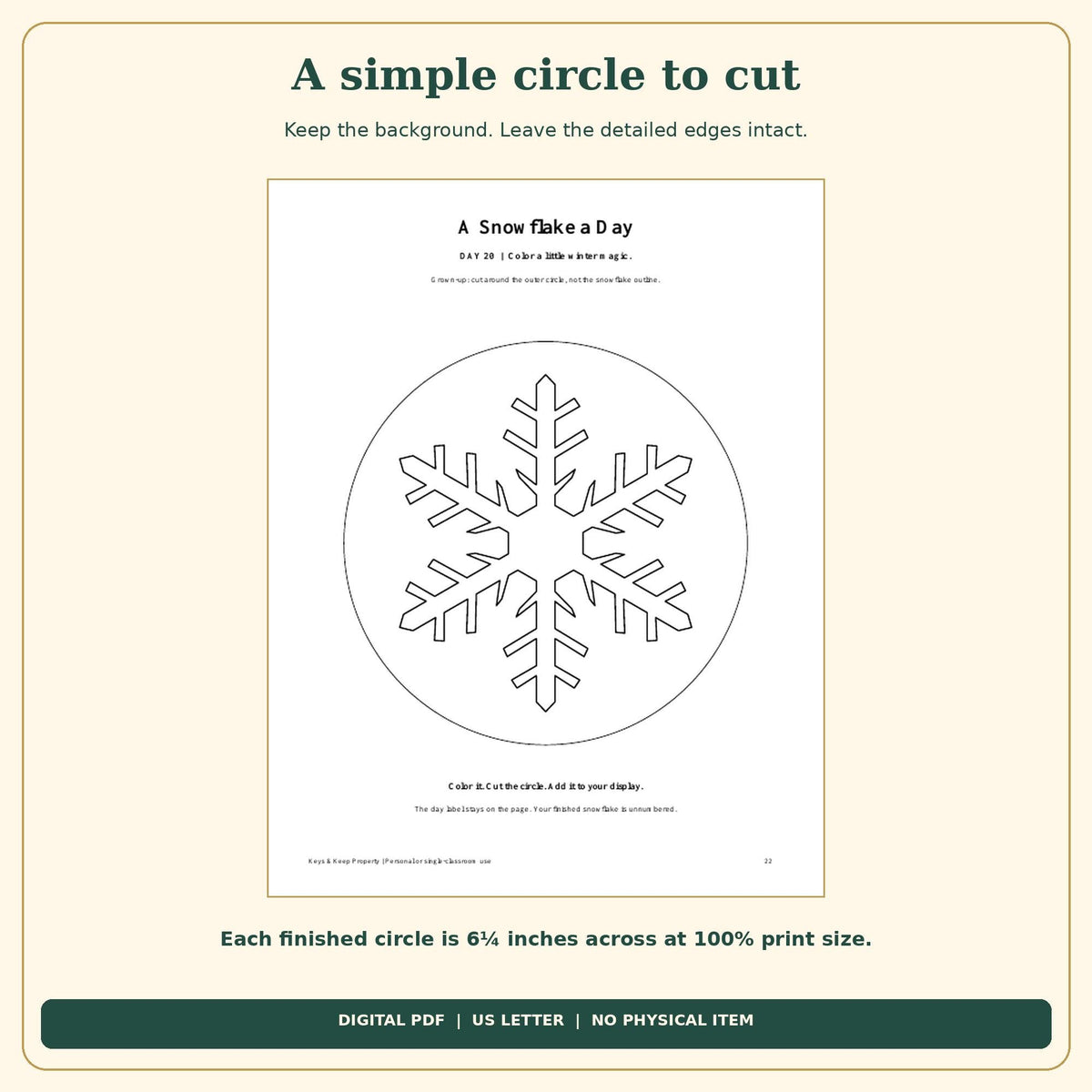 Christmas Snowflake Countdown Printable | 24 Color and Hang Snowflakes, Easy Cut Circles | 26-Page PDF
