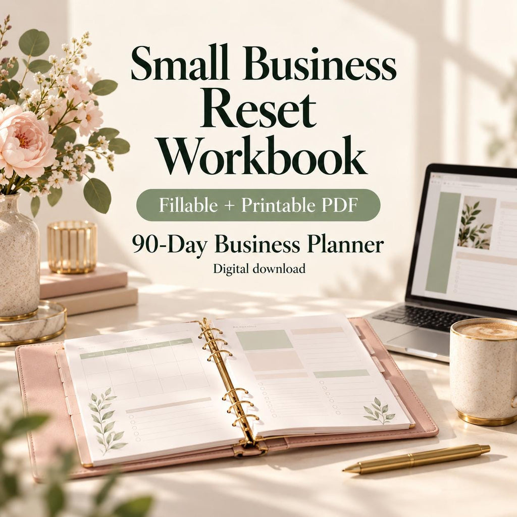 Small Business Reset Workbook graphic with pink ring binder, laptop, flowers, mug, and 90-Day Business Planner text.