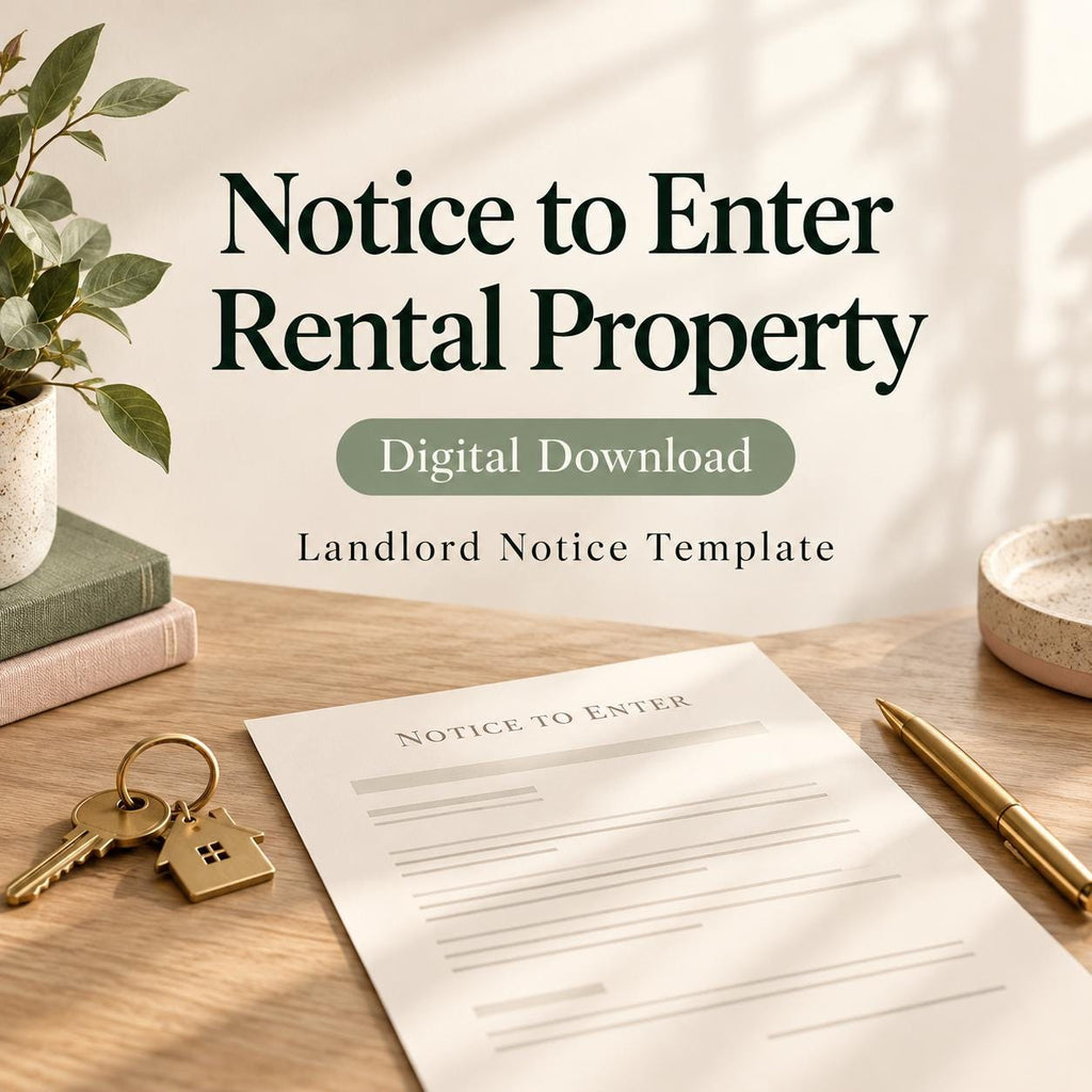 Notice to Enter Rental Property graphic with a notice sheet, brass keys, gold pen, books, and leafy plant on a desk.