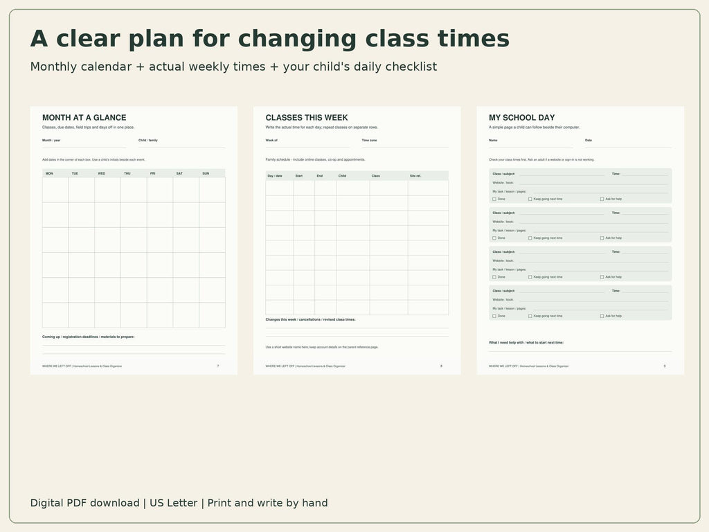 Homeschool Planner Printable | Lessons, Class Schedule & Website Log | 20-Page PDF